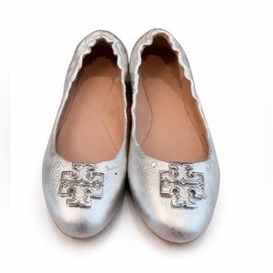 Tory Burch Silver Leather Logo Ballet Flats